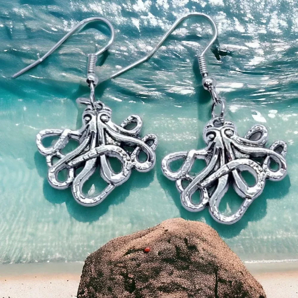 Kraken Octopus Earrings Silver Steampunk Pirate Nautical Squid Dangle Jewelry